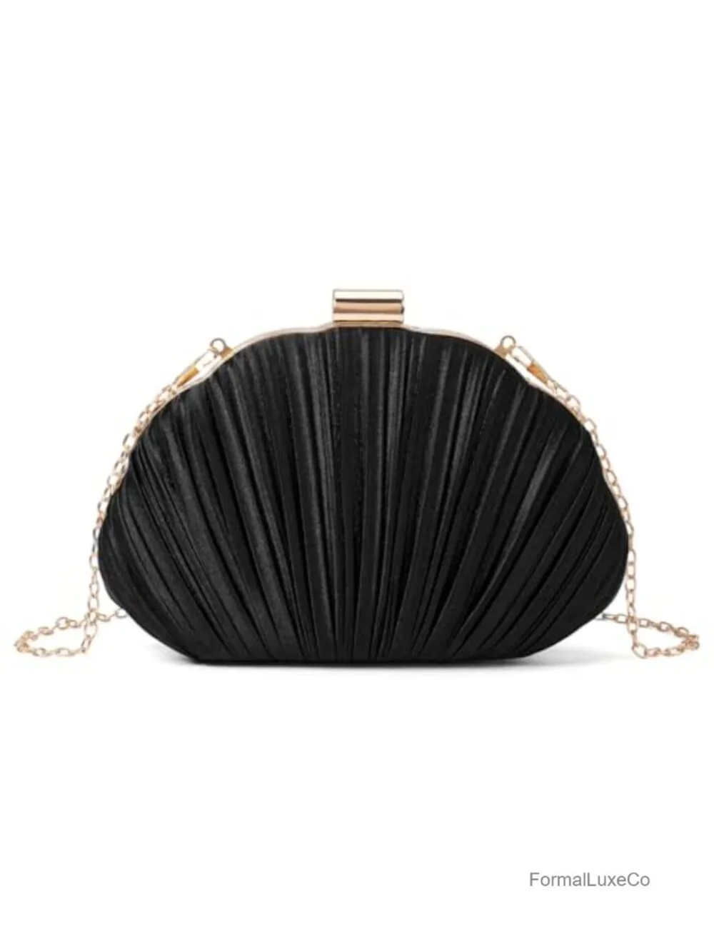 Pleated Satin Seashell Evening Clutch Purse with Chain - Wedding Formal Handbag